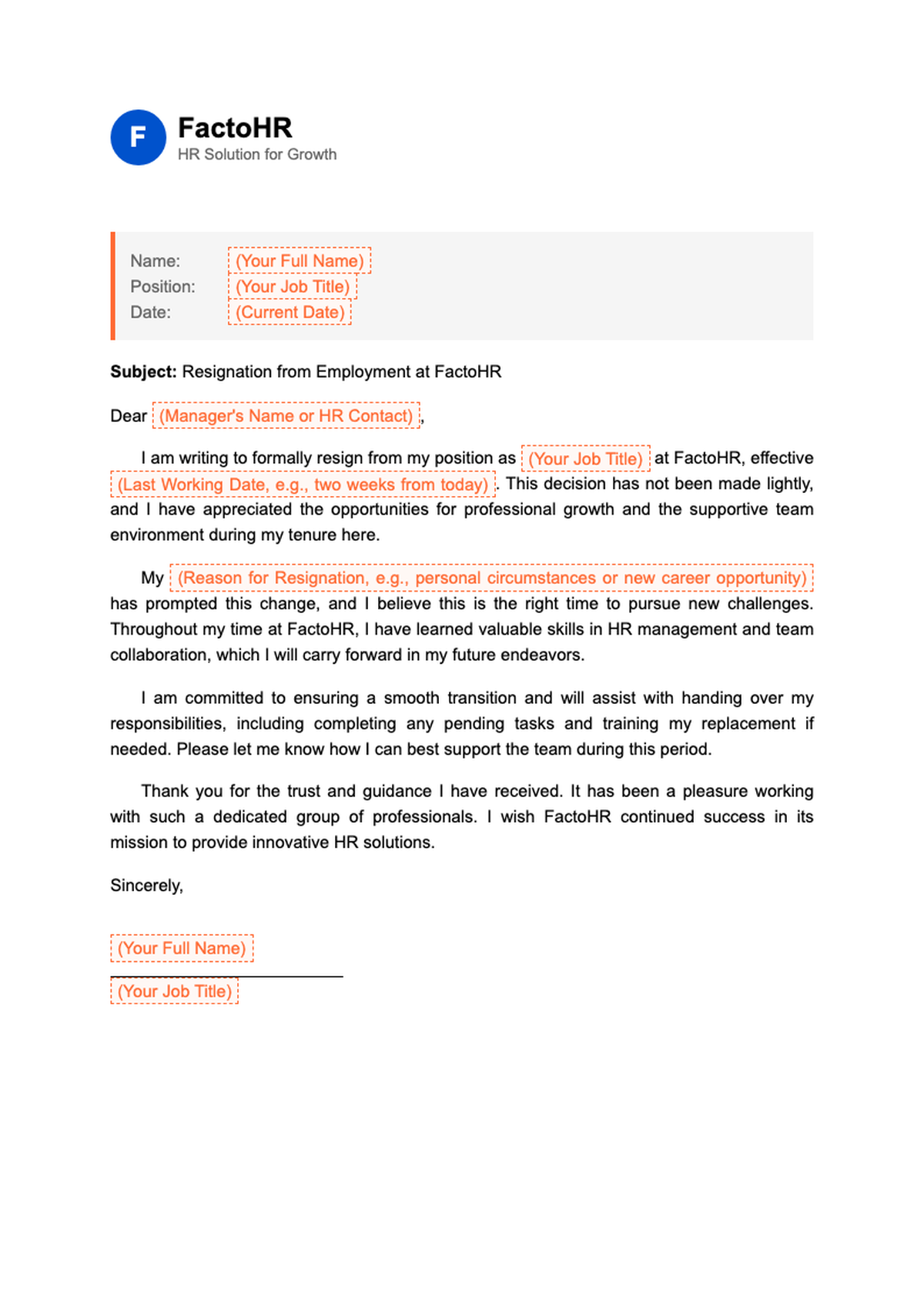 FactoHR branded resignation letter template with placeholder fields_variant_3